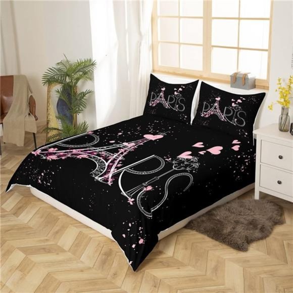 Paris Comforter Cover Set Queen Size Eiffel Tower Bedding Set Kids Girls Black - Picture 3 of 6